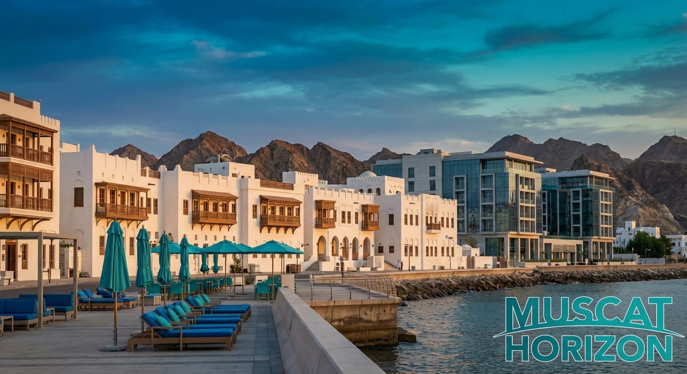 Muscat coastline with traditional architecture and mountains