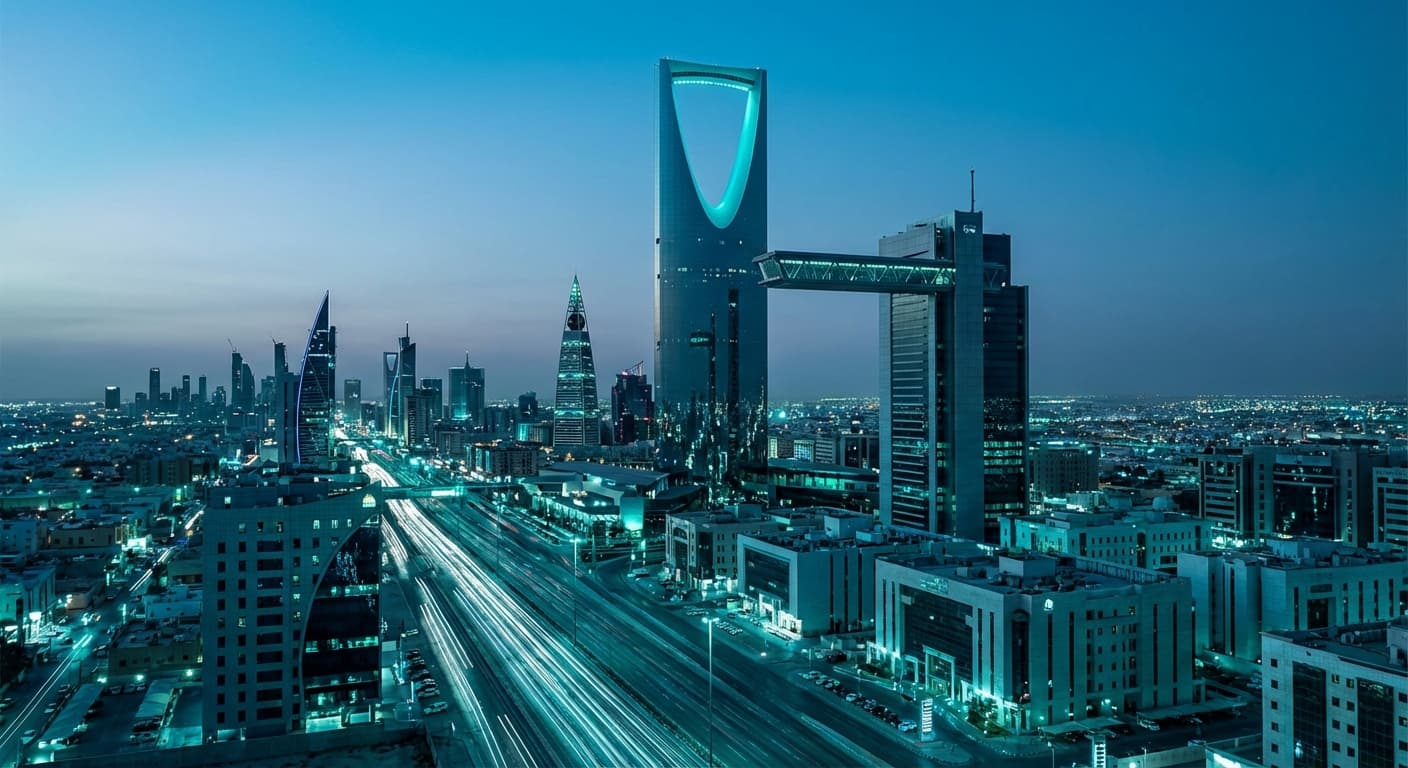 Riyadh skyline at night featuring Kingdom Centre